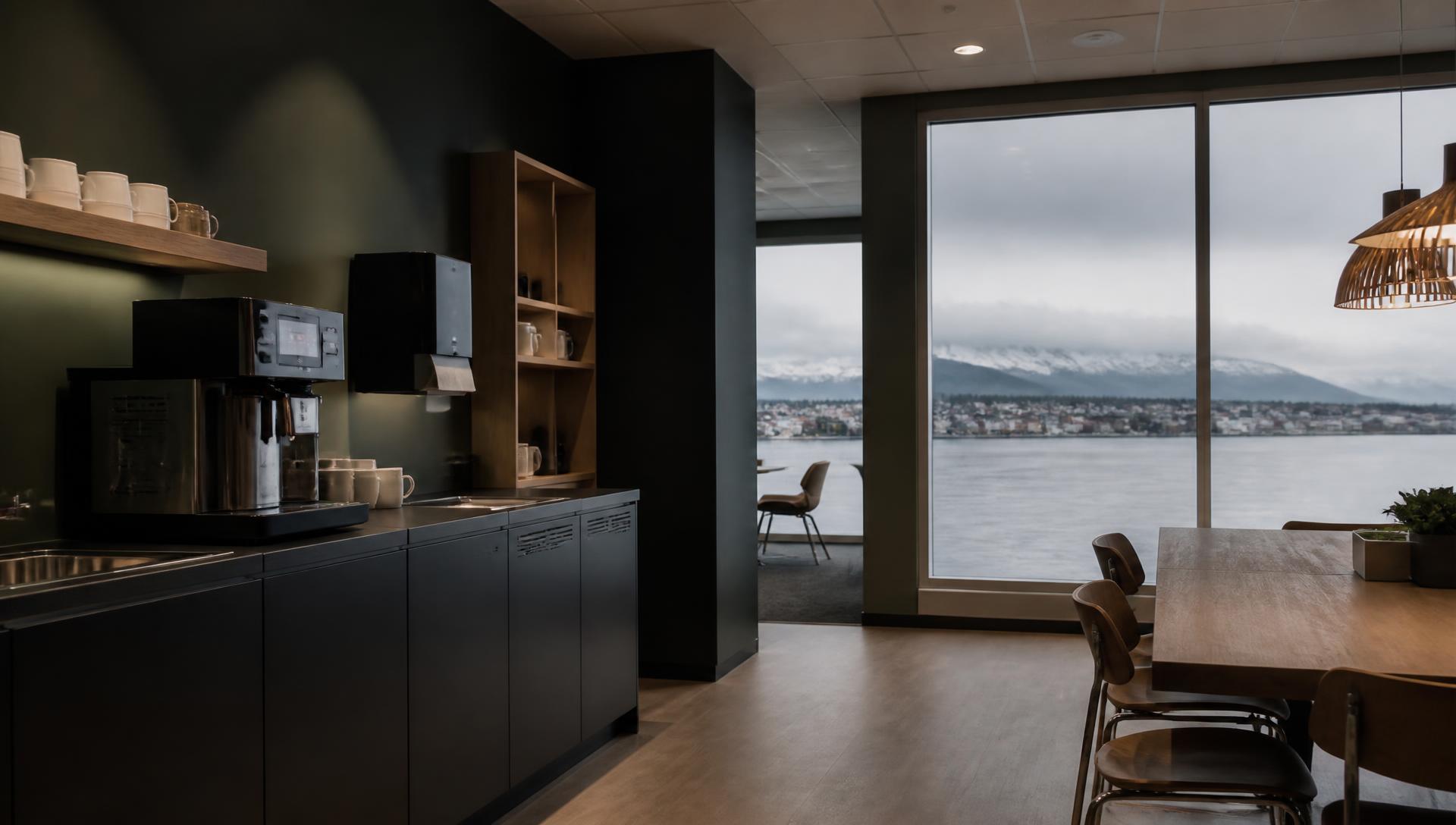 Pauserom med kaffemaskin og rene kopper på et kontor i Vestfold